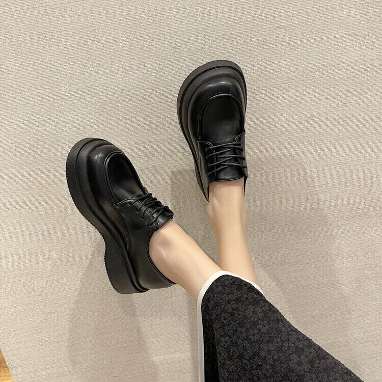  Women's Chunky Handmade Lace Up Flat Platform Goth Oxford Punk  Fashion Slip On Casual Classic Creeper Shoe (FR1) 6 Black