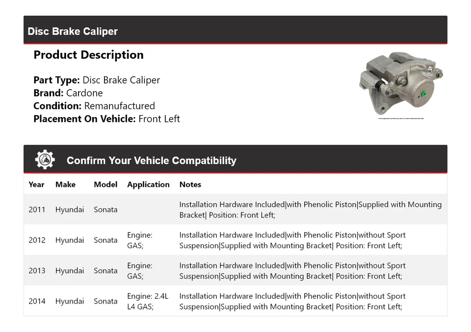 Pinza de freno de disco delantera izquierda cardone 2012 2013 para Hyundai Sonata 2011-2014 Foto 2 de 4