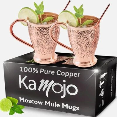 Kamojo Moscow Mule Copper Mugs Set of 2 with Unique Handcrafted Embossed Desi... - Image 1 of 4