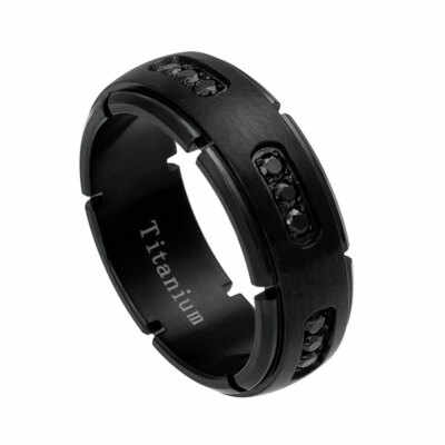 Men's 8mm Titanium Band Black IP Ring 18 Black Cubic Zirconia CZs / Gift box