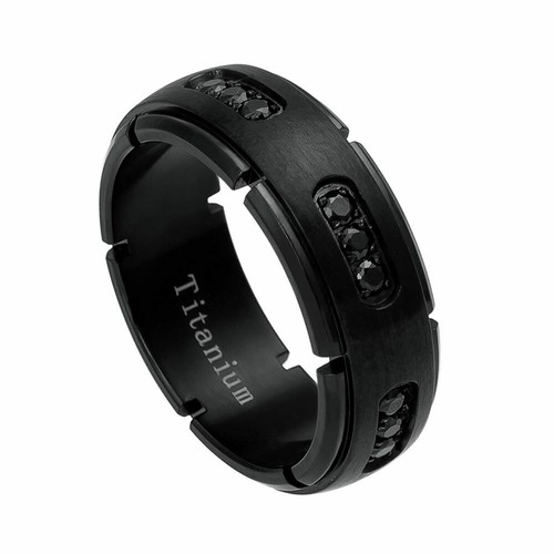 Herren 8mm Titan Band Schwarz IP Ring 18 Schwarze Zirkonia CZs / Geschenkbox - Bild 1 von 4