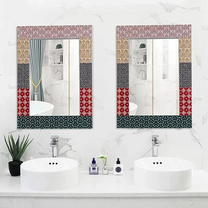 Hand-Painted Boho Wall Mirror Solid Wood Framed Vanity Mirror 24"X32" - Image 2 of 4