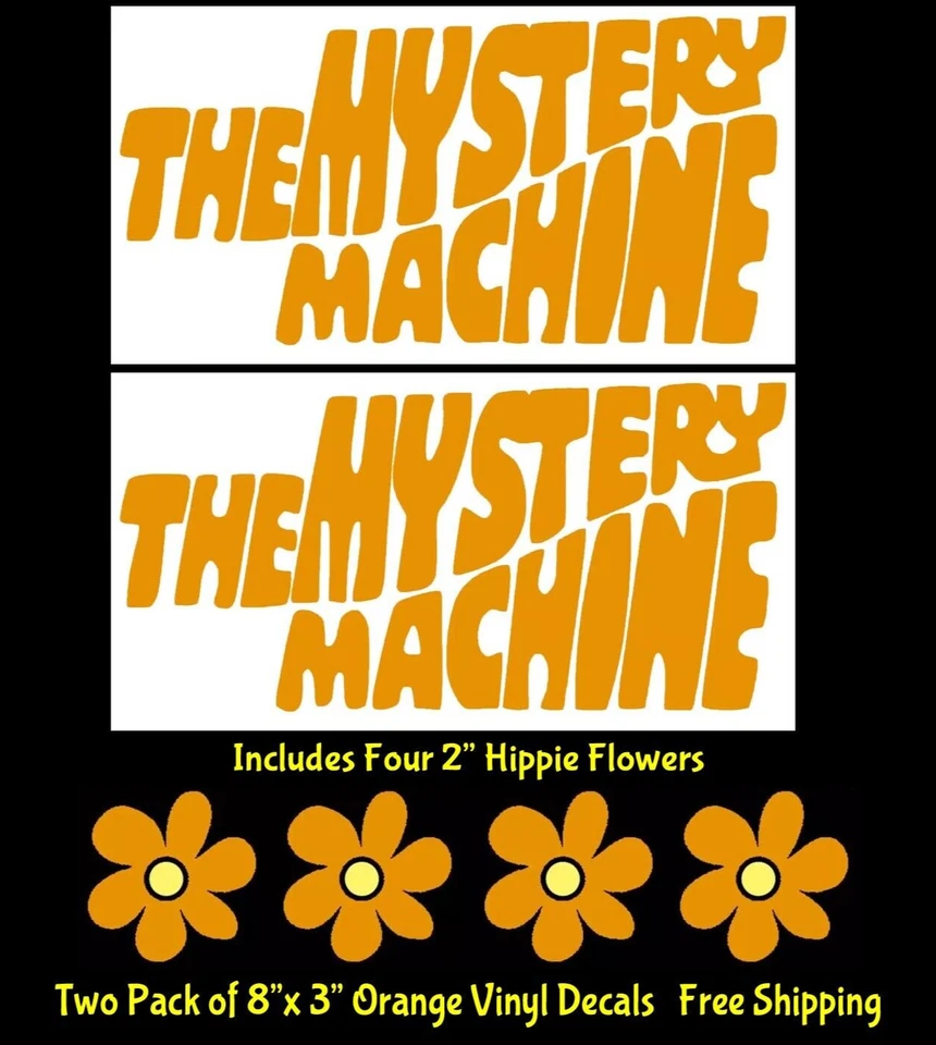 SIGNAGE CAFE The Mystery Machine Two 8" & Hippie Flowers Orange Vinyl Decal Car Van Window