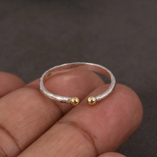 Two Tone 925 Sterling Silver & Gold Hammered Band Ring Daily Wear Ring For Gift