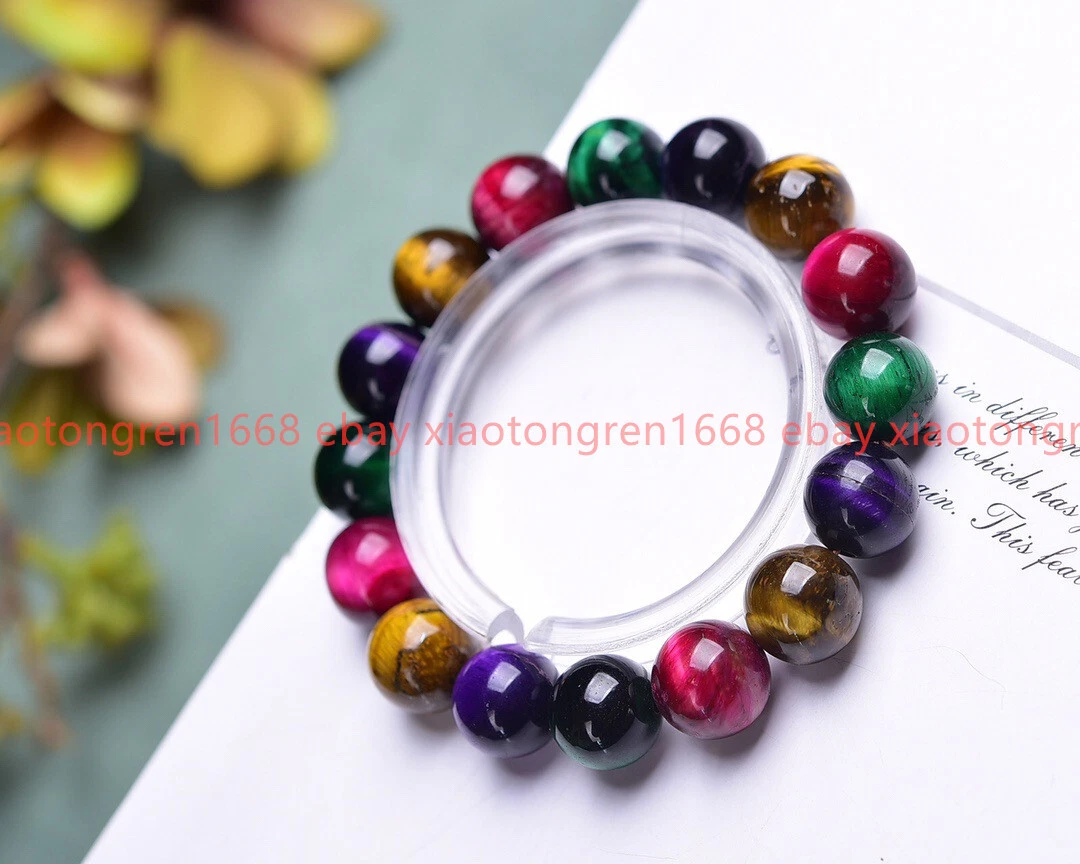 VALENTINO "Bracciale Perline Gemme Rotonde Multicolore Occhio di Tigre Naturale 6 8 10 12 14 mm 7 5"""