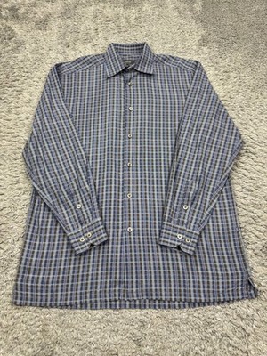 Zanella Shirt Men Medium Blue Gray Plaid Long Sleeve Button Up Made In Italy