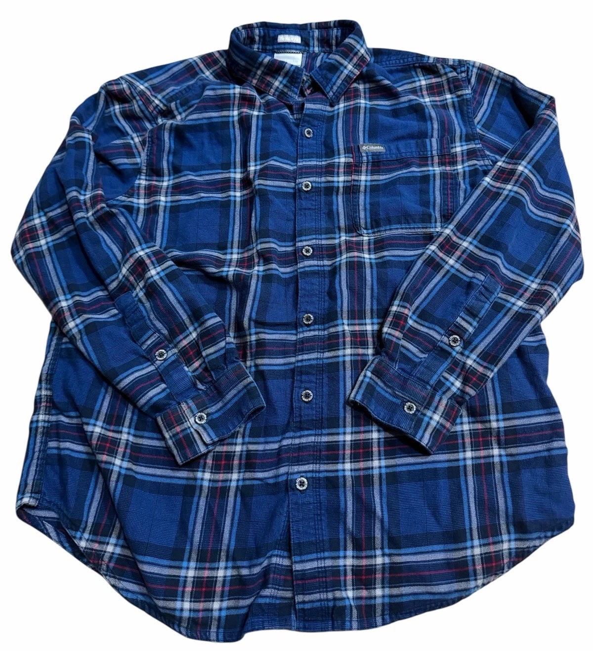 Columbia Plaid Flannel Shirt Mens Large Blue Red Long Sleeve Button Up Outdoor