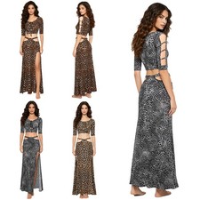 Women 2  Piece Clubwear Belly Dance Hollow Leopard Skirt Outfit Casual Set Rave