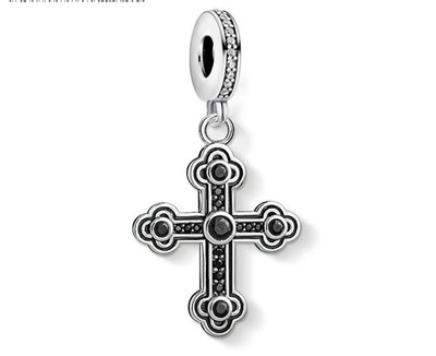 Black Vintage Cross Pendant Charm 925 Sterling Silver Round Bail