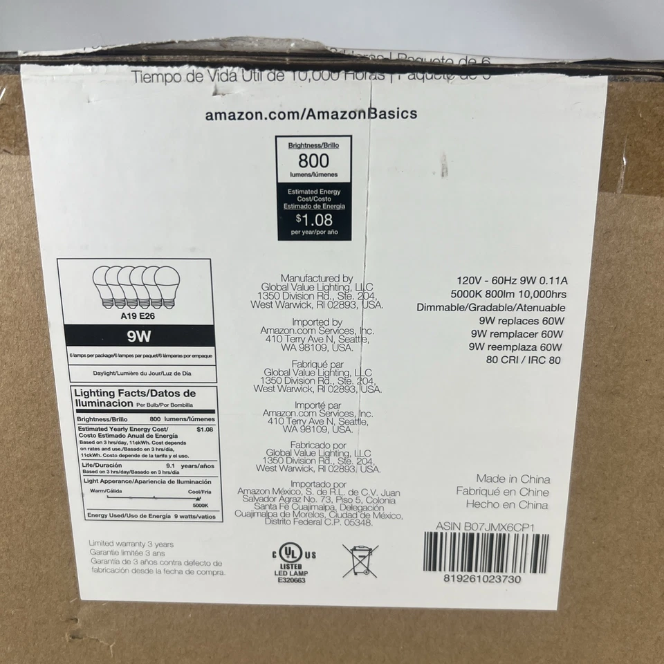 Amazon Basics LED A19 Light Bulb 60W Equivalent Daylight FG-03443 Dimmable 6PK - Image 4 of 4