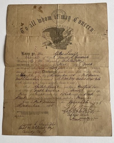 Civil War Ft Macon, NC Dec 1865 Discharge Document