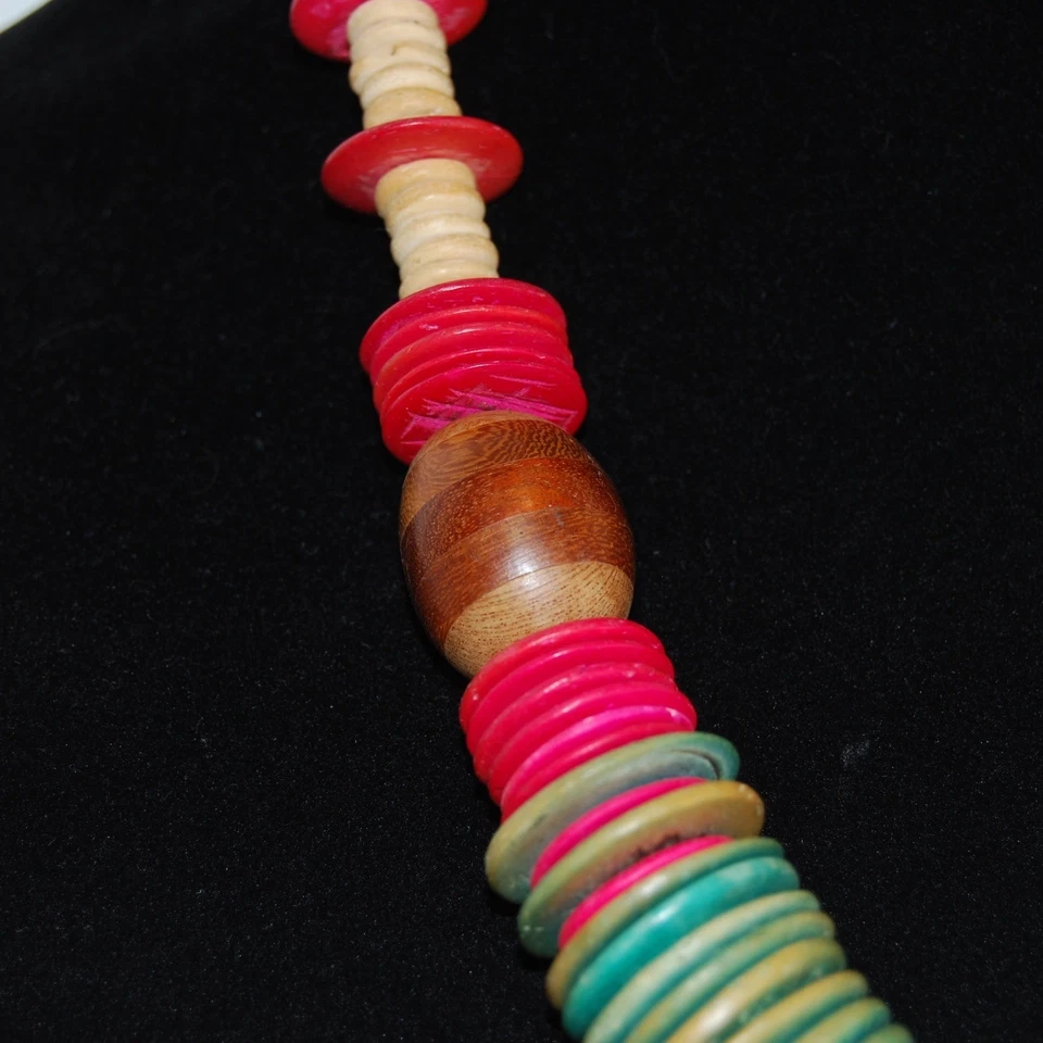 Vintage Necklace Chunky Wooden Multicolor disk beads Boho Hippie jewelry - Image 4 of 4