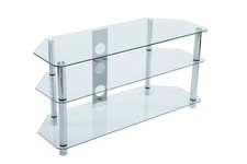 MMT Glass TV Stand 105cm – Clear or Black Glass – 3 Shelf Unit for 32"–50" TVs