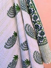 Indian Hand Block Handmade Cotton Kantha Quilt Print King Size Bedspread Blanket