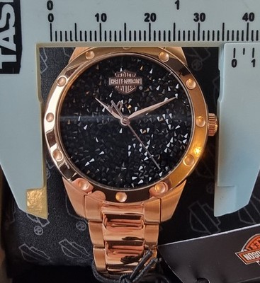 Harley Davidson Uhr 77L107 SCHWARZ SWAROVSKI KRISTALL ZIFFERBLATT NEU/BOX/BUCH UVP 259£