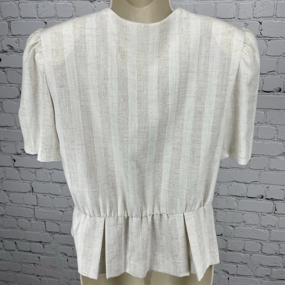 Blusa De Colección Leslie Fay Petite Beige Mezcla Lino Abotonada Manga Abullonada Hecha en EE. UU. 14P Foto 2 de 4