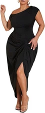 Women Plus Size Asymmetrical Neck Long Dress Ruched Slit Hem Cocktail Dress