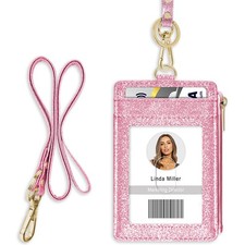 Pink Bling Glitter Id Badge Holder With Lanyard And Zipper Pocket For Travel