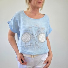 Damen Italy Oversize T-Shirt Strassmotiv Leinen Jersey Shirt Größe 40 42 44