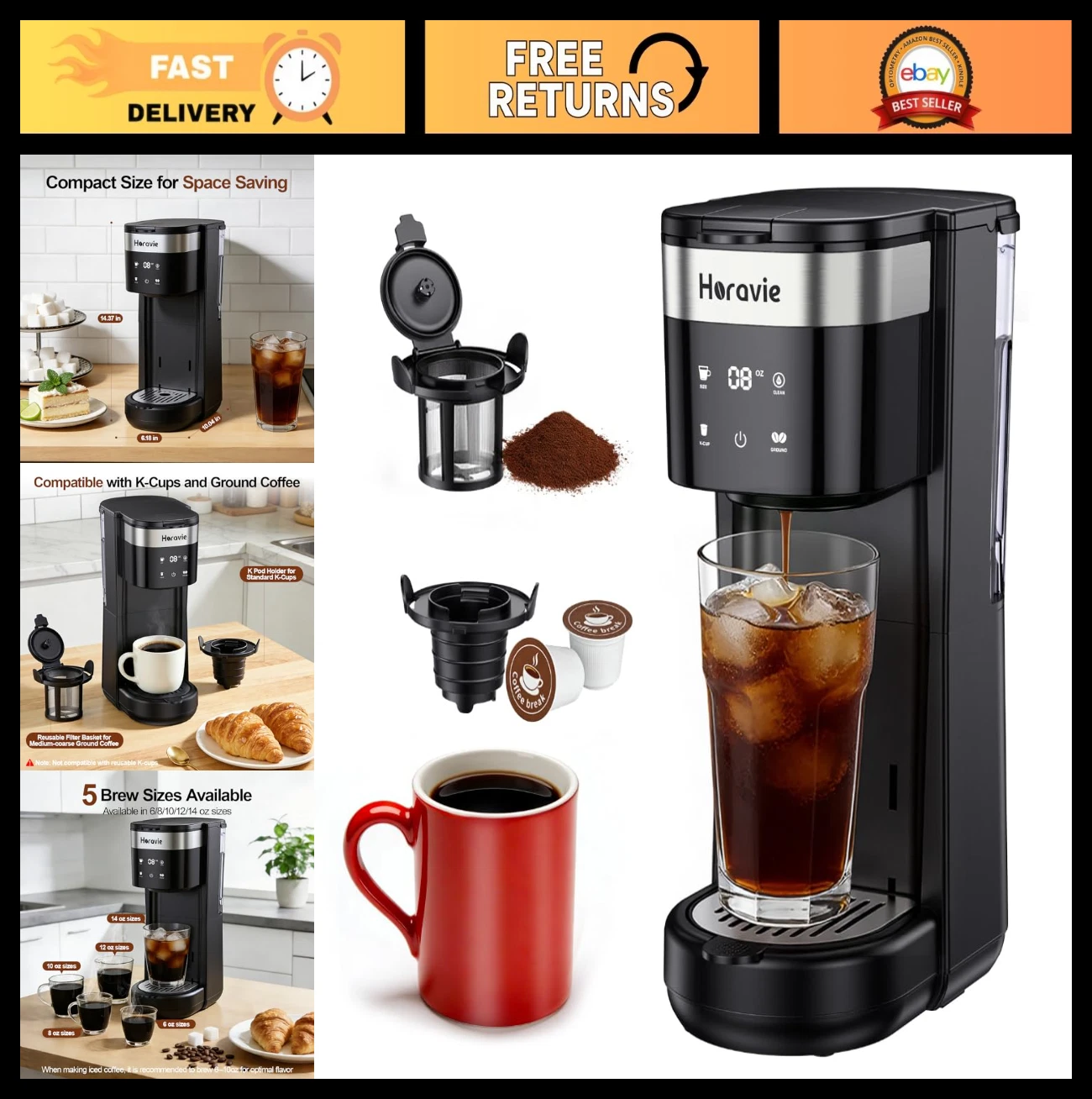 Single Serve Coffee Maker for Travel Mugs, Hot & Iced K-Cup, 5 Brew Sizes, 30oz