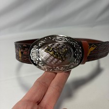 Nocona Boys Western Cowboy Leather Belt with Bucking Bull Buckle Rodeo Brown