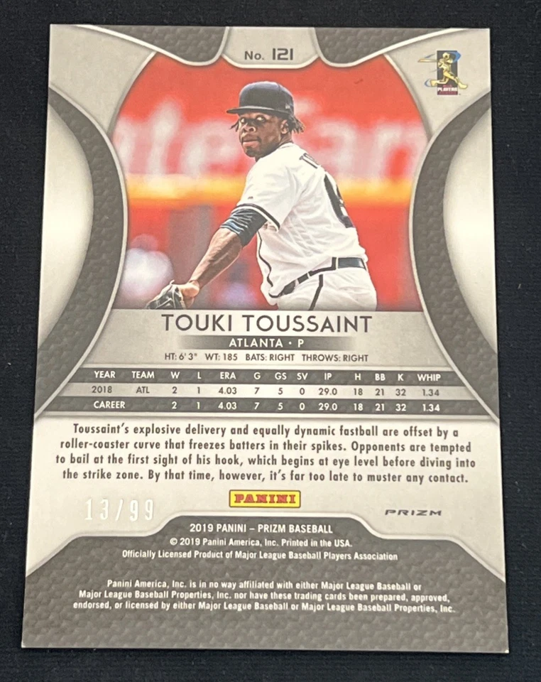 2019 Panini Prizm Tier II Zebra Prizm /99 Touki Toussaint #121 Rookie RC Braves - Image 2 of 2