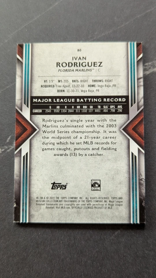 2022 Topps Museum Collection #80 Ivan Rodriguez Marlins - Image 2 of 2