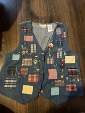 Casey  Max Denim Patchwork Birdhouse Floral Embroidered Vest Women's Size L