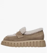 New in Box VOILE BLANCHE GRENELLE MOK Fur Suede And Wool Moccasins in Beige