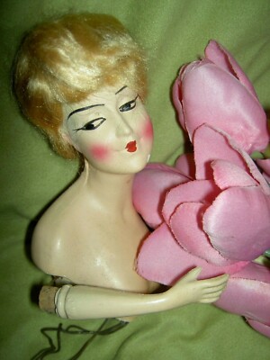 Lovely antique compo. Munzerlite BOUDOIR half doll (chalkware) with metal arms