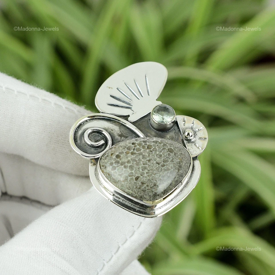 Nuevo anillo llamativo de plata esterlina 925 natural coral raya topacio azul suizo Foto 3 de 4