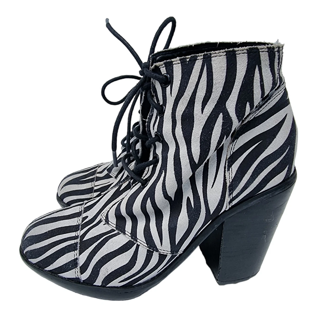 KIMCHI BLUE Leather Zebra Print Heel Lace Up Boots Size 8.5 Animal Punk Rare
