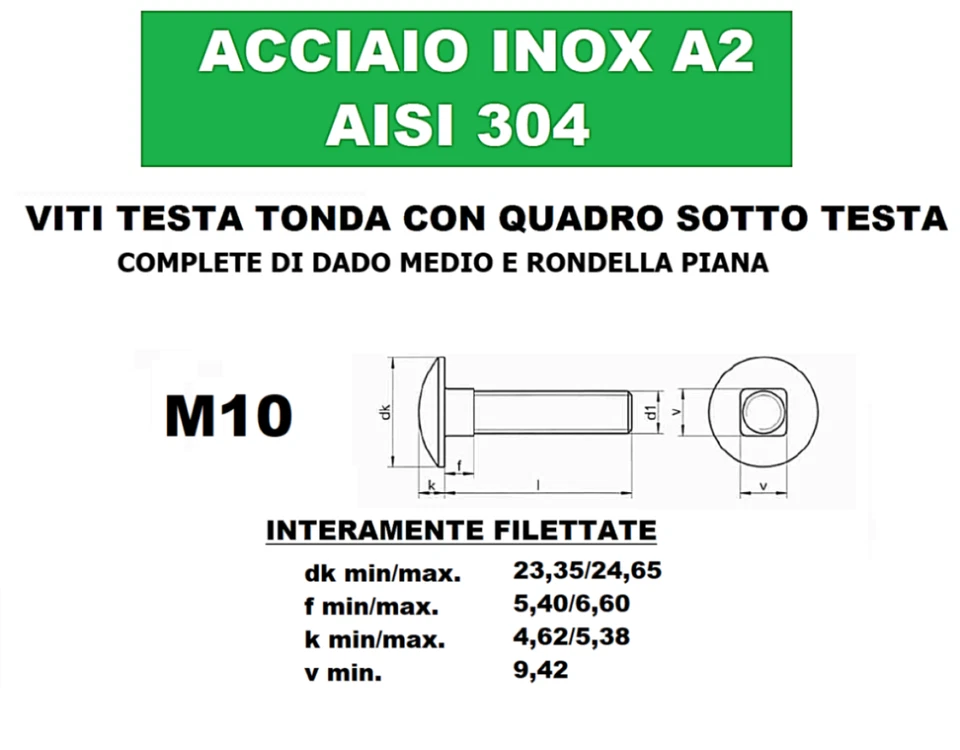 VITI M10 IN ACCIAIO INOX PERNI BULLONI TESTA TONDA QUADRO SOTTO TESTA 5732 603 - Immagine 2 di 4