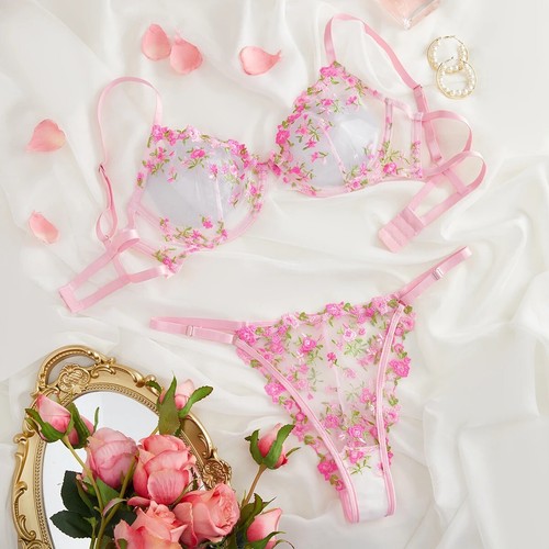 Sexy Damen-BH-Höschen-Set Blumenmuster Stickerei Spitze Unterwäsche transparente Dessous - Bild 11 von 12
