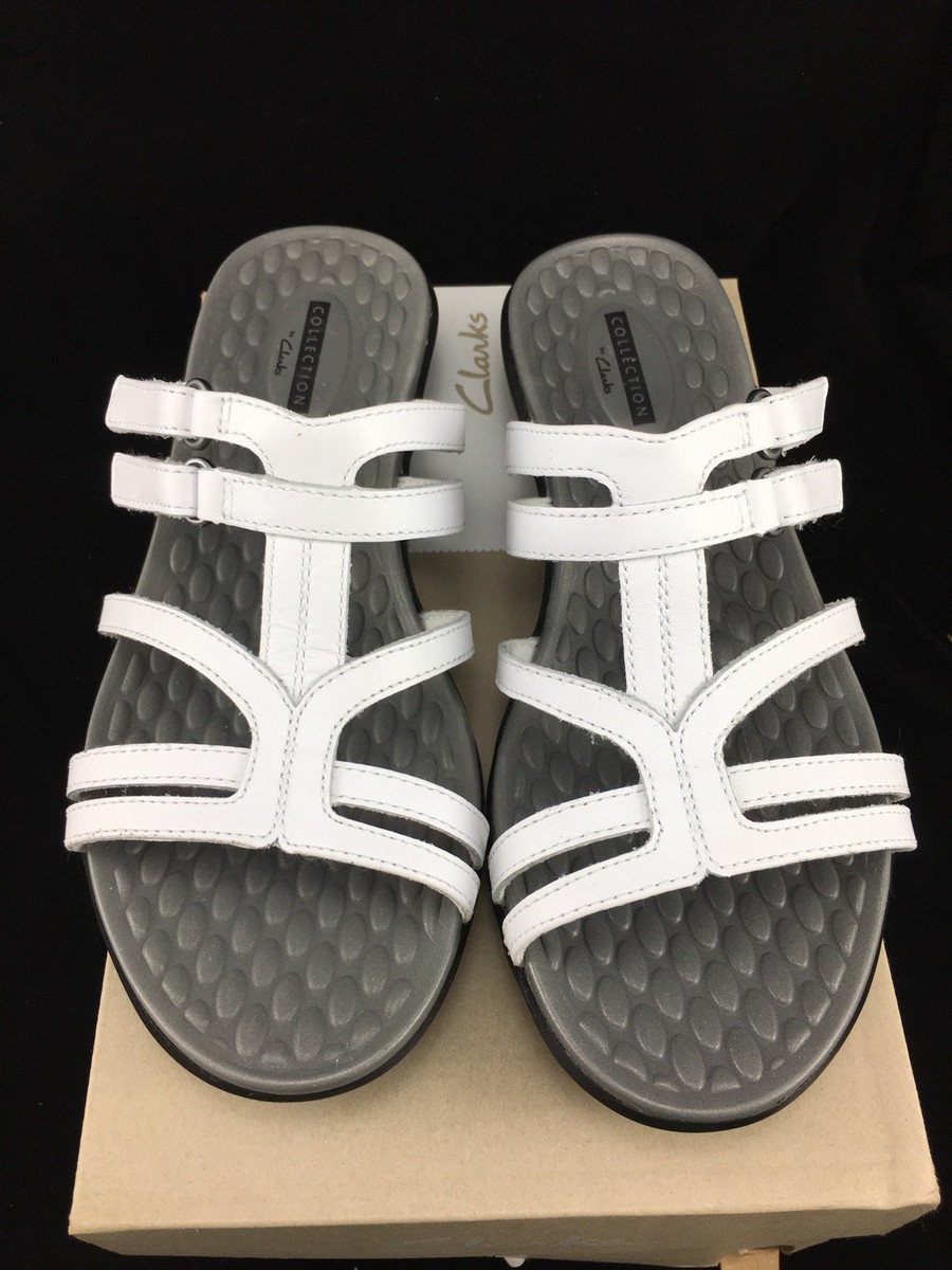 CLARKS Women's Sonar Pilot Sandal, White Leather Size WIDE
