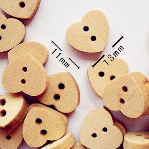 Lot de 10 - BOUTON BOIS 2 trous, COEUR / NATUREL ** 13 x 11 mm ** BB06 - Picture 2 of 2