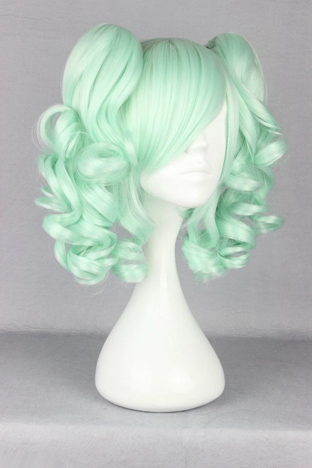 Peluca de pelo de anime cosplay cola de caballo mediana rizada verde hielo para mujer Foto 3 de 4