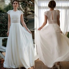 Elegant White Ivory Wedding Dresses O-Neck Short Sleeves Chiffon Bridal Gowns