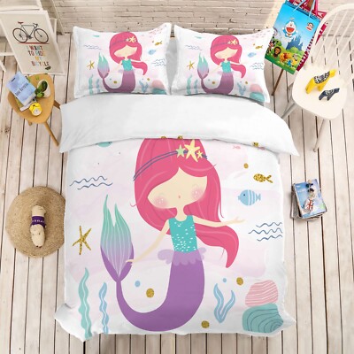 3D Mermaid Cartoon Seaweed Fish Red Quilt Cover Set Bedding Sets Pillowcases 64