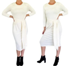 NEW YORK & CO Cream Soft Knit Midi Dress Tie Waist Button Accent L NWT