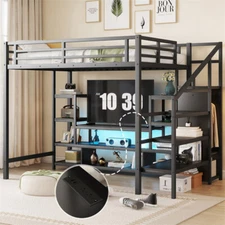 Full Size Metal Loft Bed w/TV Stand,Storage Staircase &Wardrobe for Kids Teens 