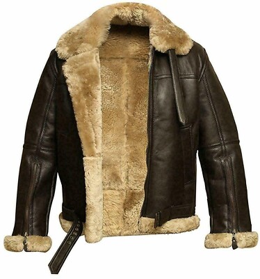 Men RAF B3 Bomber Ginger Flying Aviator Real Shearling Fur Winter Leather Jacket