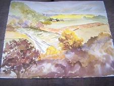 Original Watercolor By Peg Humphreys, Farmland & Bldgs 16.25"x20.25"