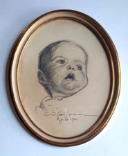 Charles Dana Gibson ORIGINAL Signed Pencil Sketch  "E.J. Jr." 1901 Baby, Framed