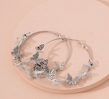 Butterfly White Rhinestone Hoop Earrings NWT Beautiful LQQK