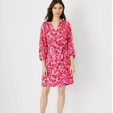 Ann Taylor Bohemian Floral Ruffle Midi Long Sleeve Dress Pink & Red Sz XS