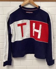 Womens Tommy Hilfiger Sport Cropped Sweatshirt TH Spellout Colorblock Sz L LG