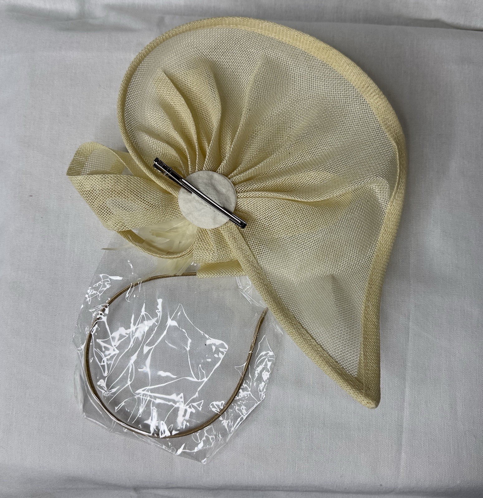 ivory sinamay fascinator with feather flower & straw loops-Kentucky Derby, Party