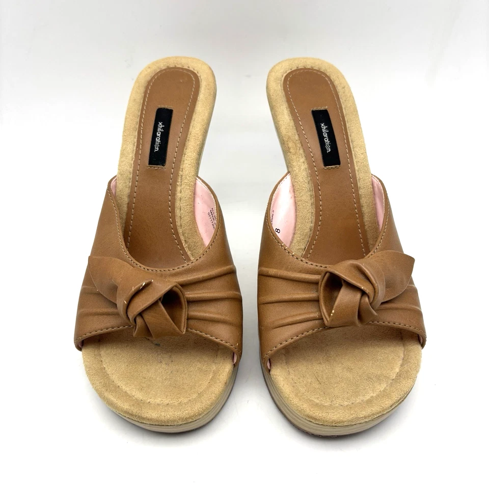 Vintage 00s Y2K Xhilaration Tan Faux Leather Wooden Block Heel Open Toe Pumps 8 - Image 2 of 4