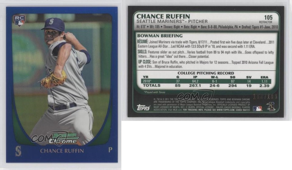 2011 Bowman Draft Chrome Blue Refractor 150/199 Chance Ruffin #105 0b0 ...